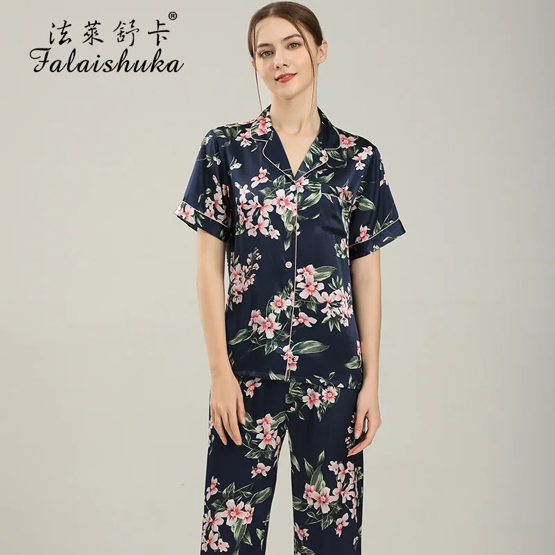19 momme 100% silk pajama sets women short sleeve trousers noble Flowers indoorwear pyjamas women pijamas mujer T8275