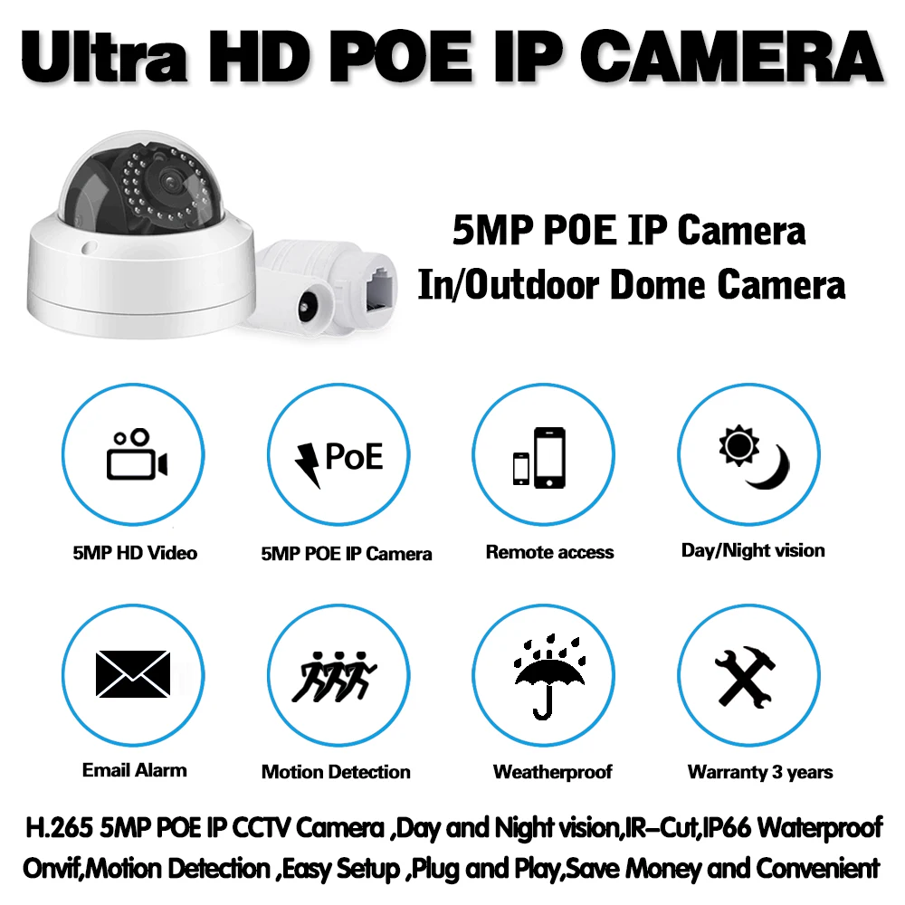 IP-камера NINIVISION Ultra HD POE 5 МП 2592*1944P IP67 | Безопасность и защита