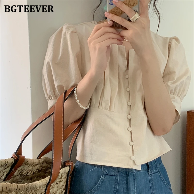 Женская блузка с круглым вырезом BGTEEVER элегантная однобортная коротким рукавом