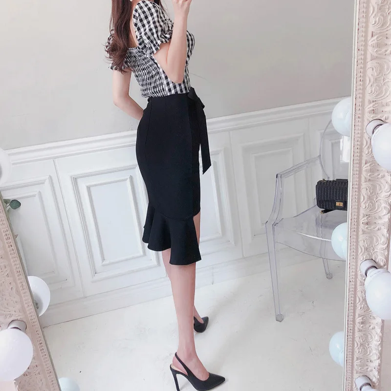 Женское платье с бантом модное в клетку и асимметричная юбка до середины бедра