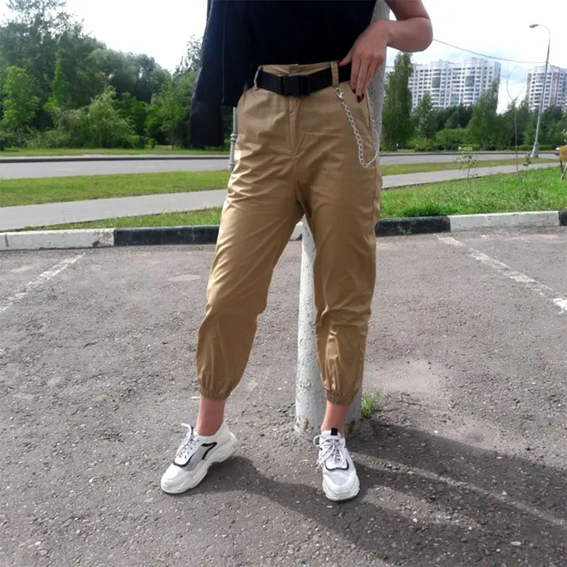 Женские длинные брюки с цепочкой черные свободные высокой талией в стиле хип-хоп