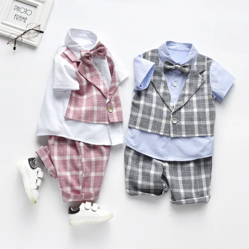 

3 sets wholesale [ shirts + pants ] Handsome gentleman summer plaid shirt baby boy girl party children kids clothes 6-36 Months