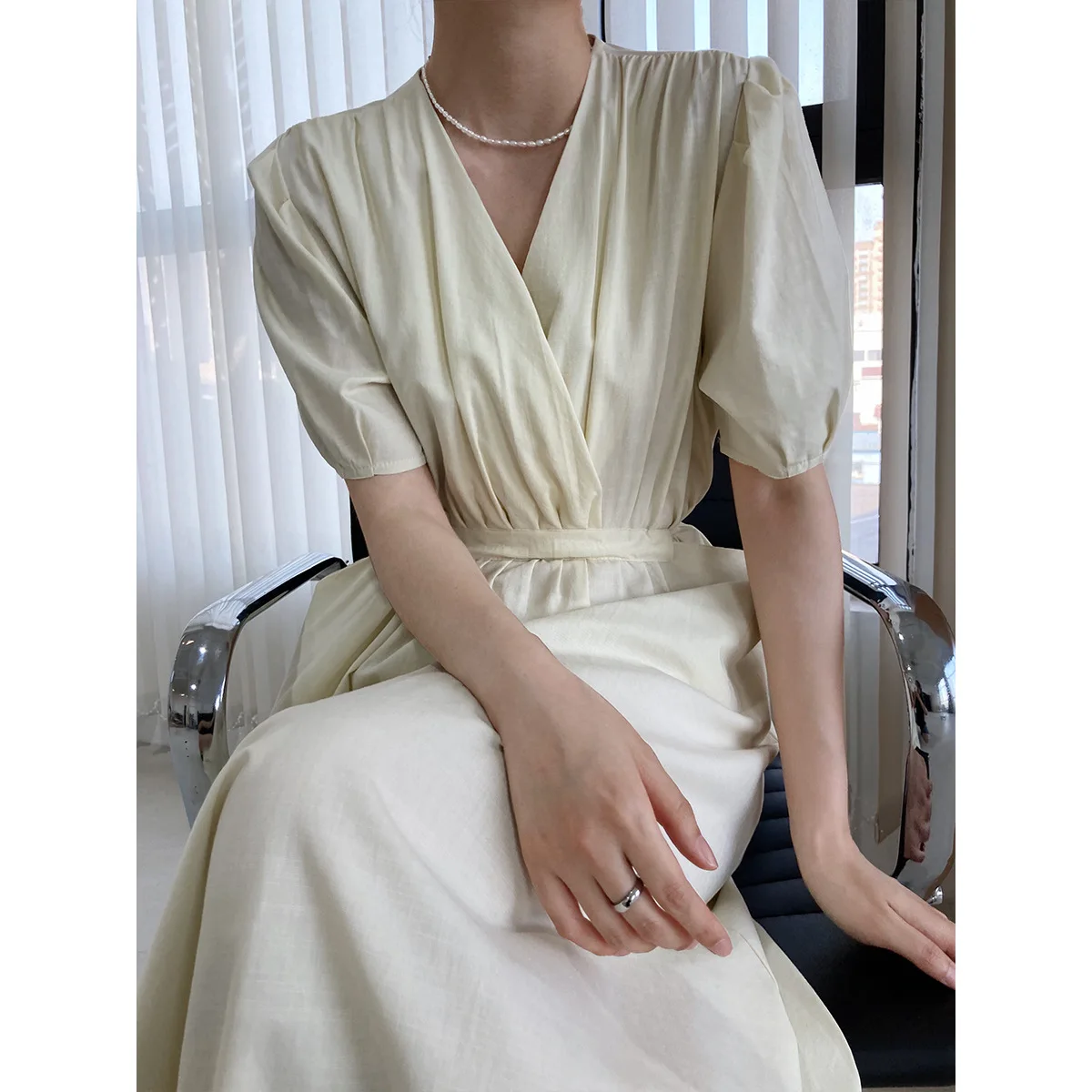 

Beige french chic Hepburn style Dress Party Clud High Waist Satin Long Dress Elegant V Neck Women Midi Dresses puff Sleeve