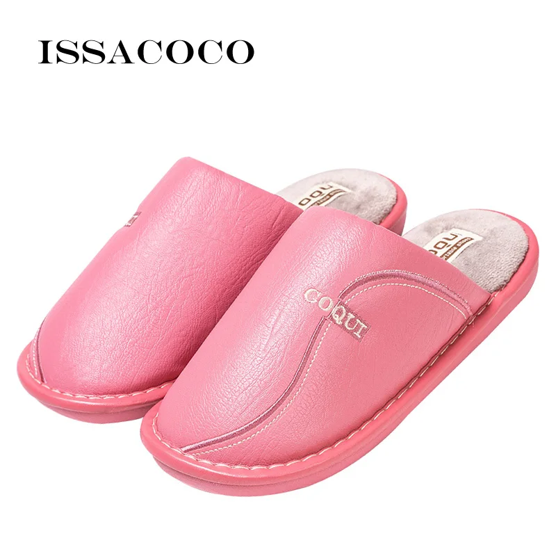 Pink ISSACOCO/женские тапочки; Домашние кожаные зимние водонепроницаемые теплые домашние тапочки; женские домашние тапочки; Terlik - Цвет: Pink