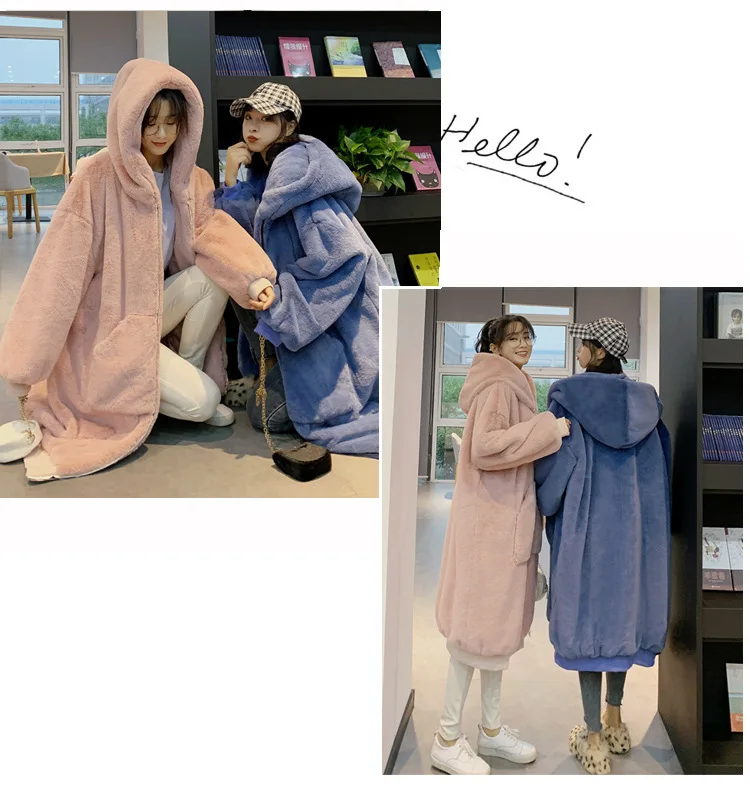 30 Degrees Fur Coat Women Casual Hoodies Furry Thick Warm Long Faux Rabbit Fur Jacket Loose Winter Coat Women OverCoat