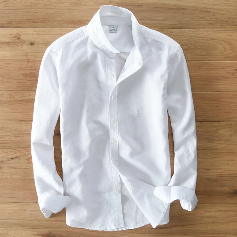 

Рубашка мужская с длинным рукавом, модная брендовая сорочка из хлопка и льна, приталенный силуэт в японском стиле, Повседневная белая импор...