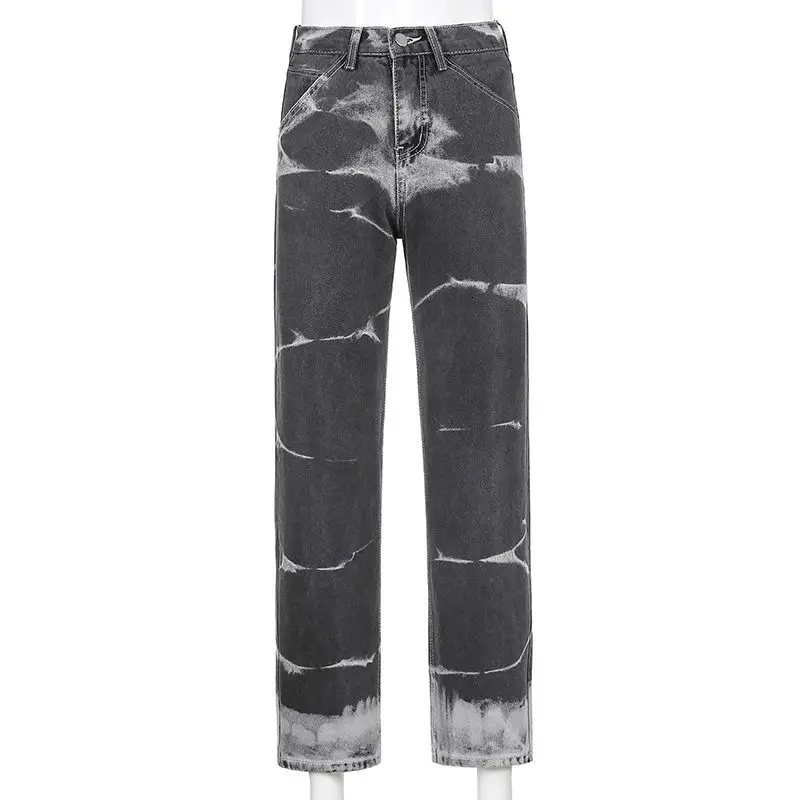 

Vintage 90s Tie Dye Stripe Print Woman Baggy Jeans Aesthetic Streetwear Wide Leg High Waist Straight Pants Y2K Denim Trousers