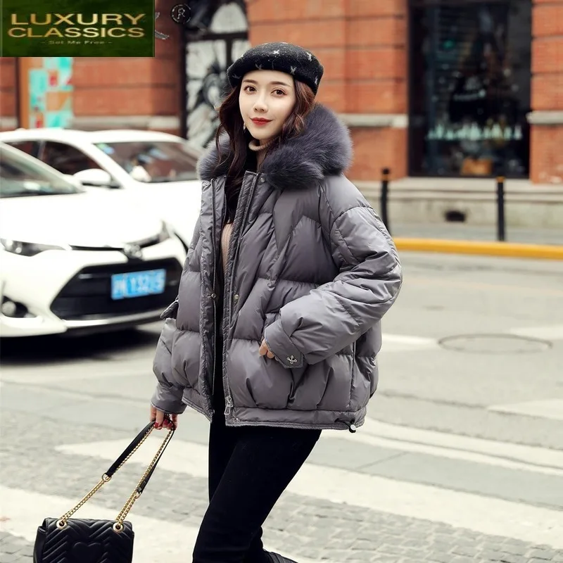 

White Female Jacket Winter Duck Down Jackets Women's Thick Real Fox Fur Collar Hooded Parkas Woman Coat Abrigo Mujer 164