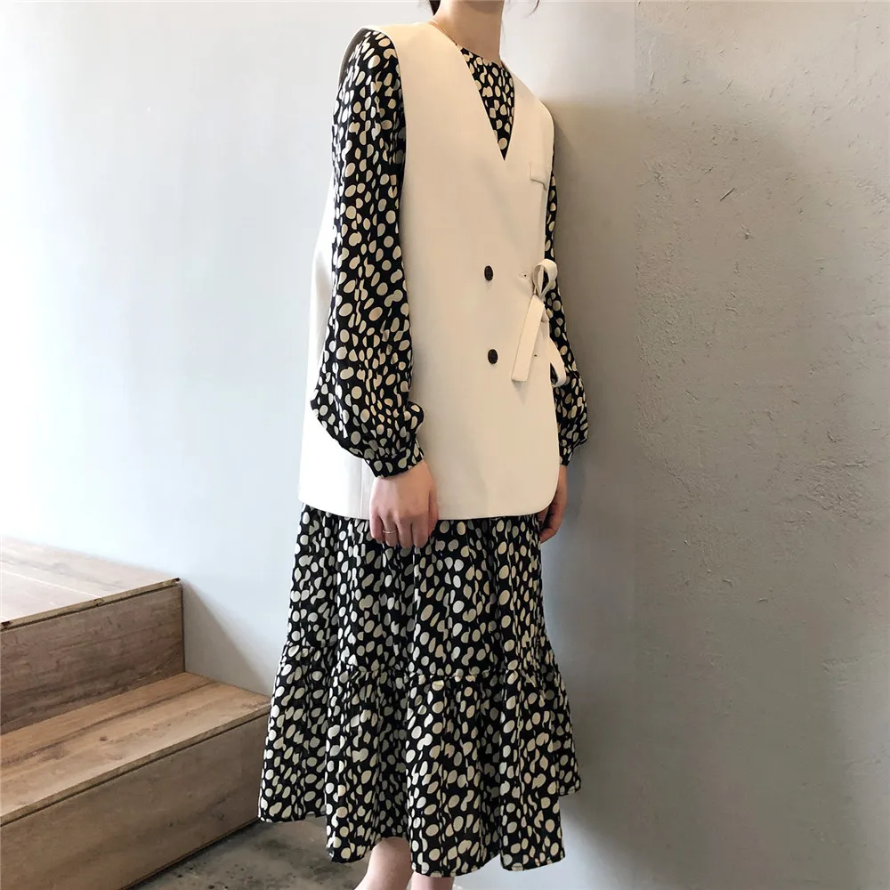 Осенние корейские шифоновые платья Vestidos, офисное винтажное Женское зимнее платье в горошек, платье миди с цветочным принтом и длинным рукавом, женское YX0265