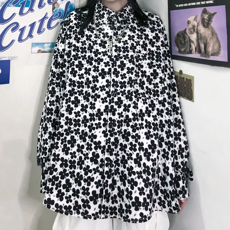 

Harajuku Daisy Print Shirt Women Commuter Style Shirt Vintage Loose Long Sleeve Blouse Autumn Shirt Plus Size Shirt Man Shirt