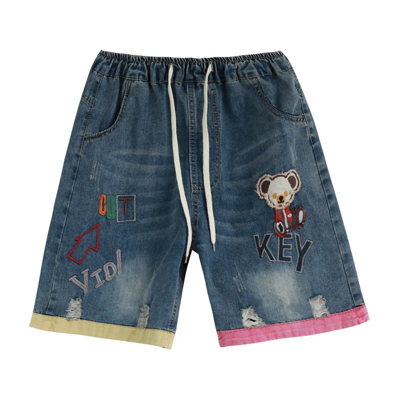 

Summer New Arts Style Women Elastic Waist Vintage Denim Shorts Jeans Feminino Patchwork Embroidery Ripped Jeans Plus Size