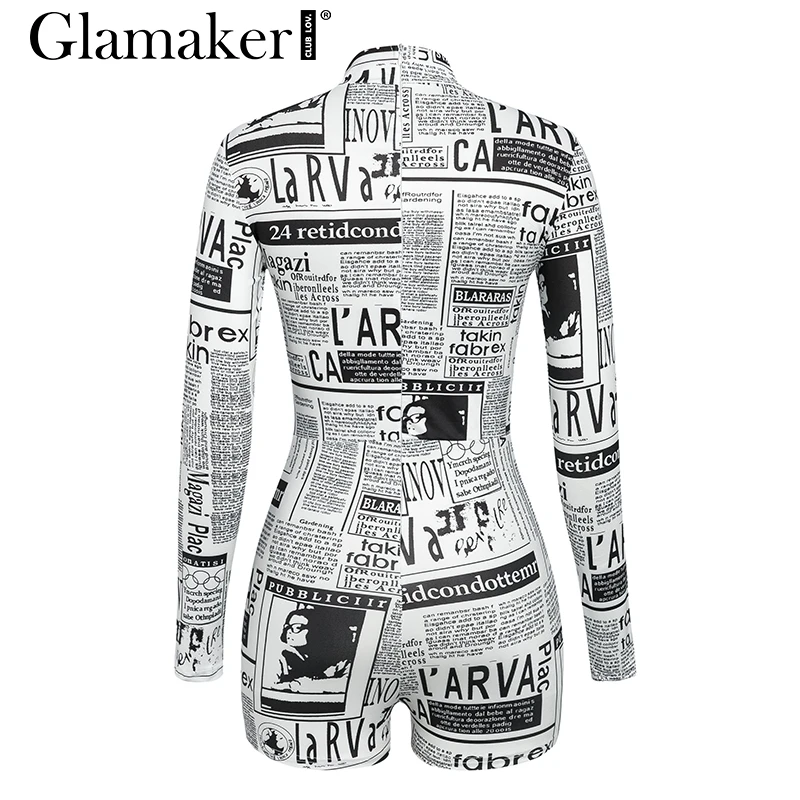 Glamaker газетный принт круглый вырез сексуальный короткий комбинезон с длинным рукавом облегающий вязаный женский комбинезон осенний зимний элегантный комбинезон