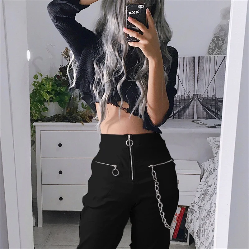

Women Cargo Pants Fake Zippers Pencil Pants Fly Middle Waist Tight Solid Pants Casual Streetwear Hip Hop Wear