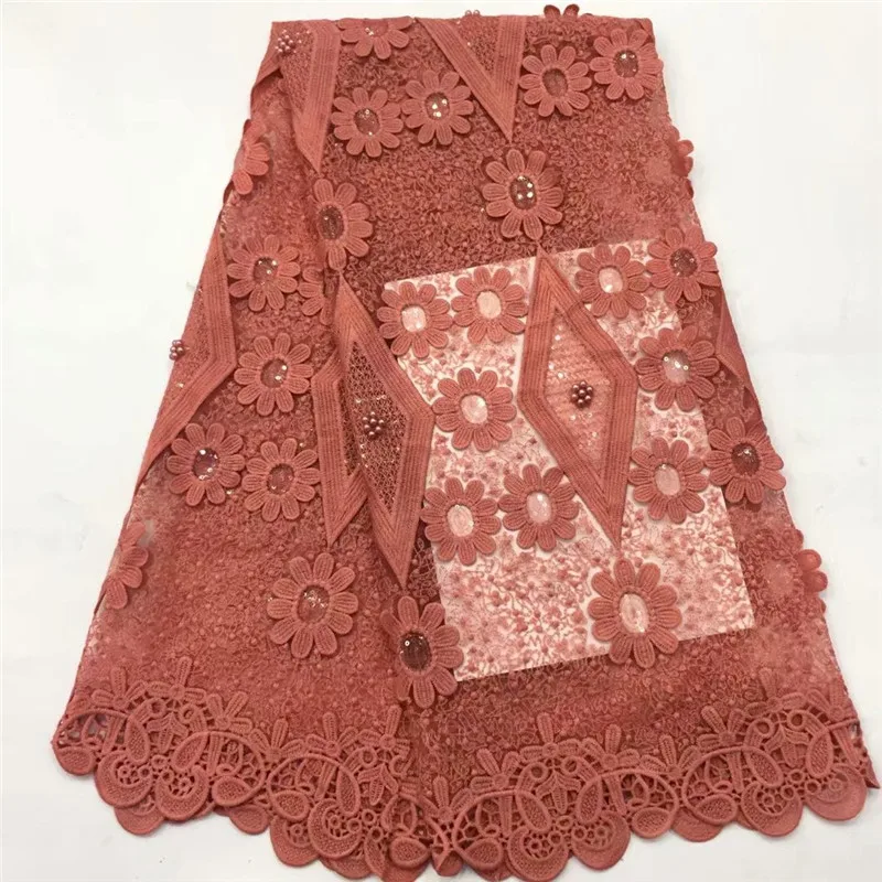 Желтая вышивка французская Сетка кружевная ткань высокого качества 3D персиковые