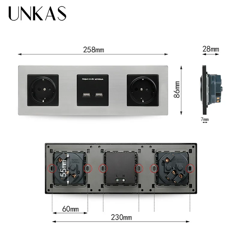 Настенная панель UNKAS из нержавеющей стали двойная розетка Евророзетка 16 А