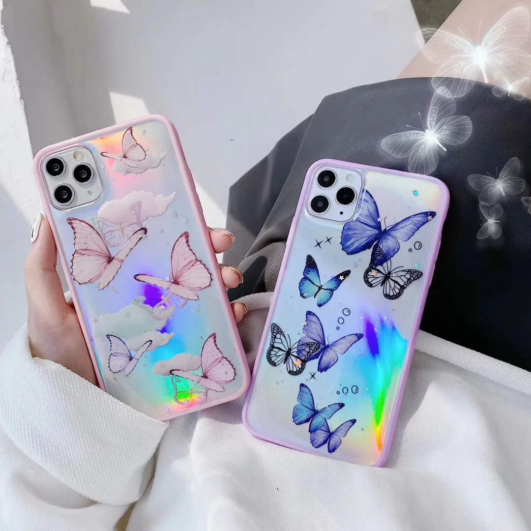 

Cute Laser Card Butterfly Phone Case for IPhone 12 11 Pro Max XS Max XR 7 8 Plus Mini Pink Purple Glitter Soft Clear TPU Cover