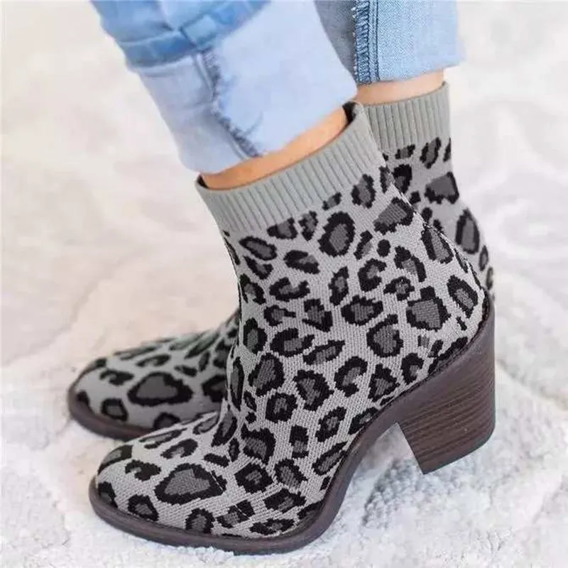 Women's Leopard Ankle Boot Knitting Woman Sock Boots Fashion Autumn Female Block Chunky Heels Comfortable Ladies Short