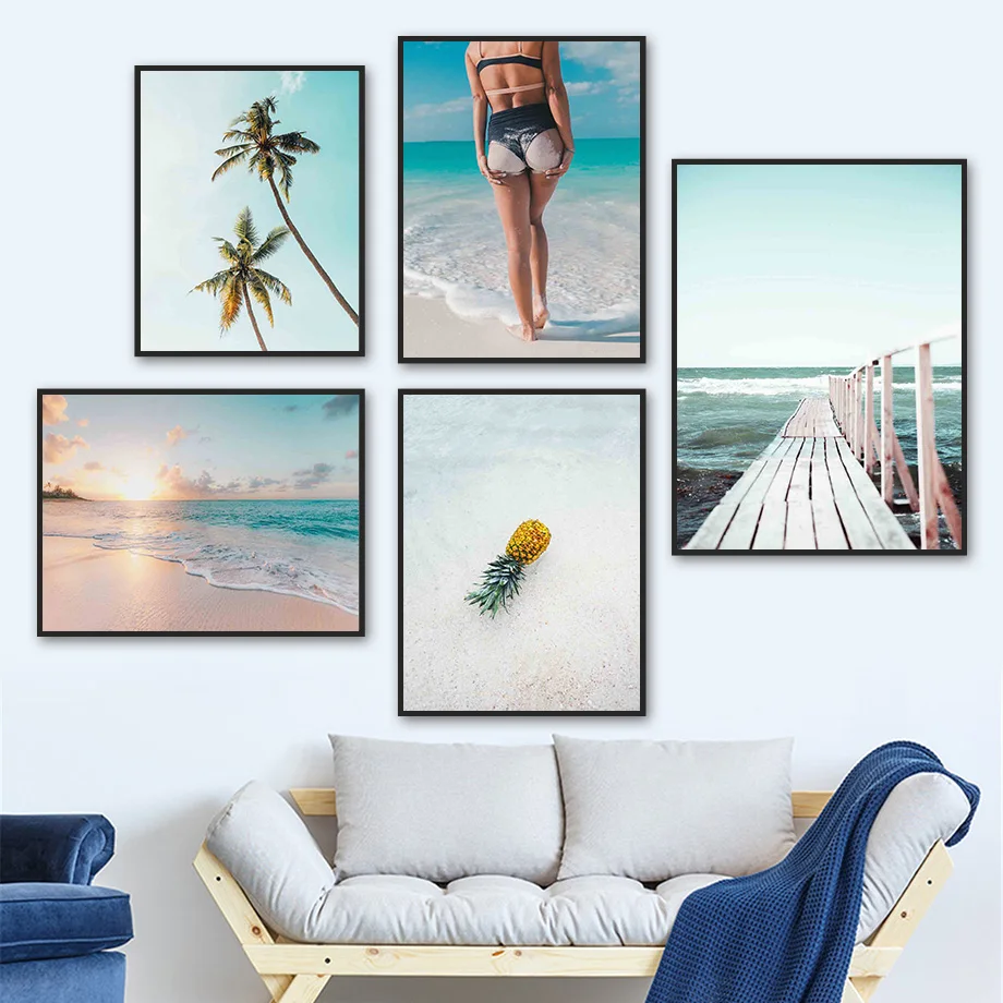 

Palm Pineapple Sunset Seascape Path Beach Wall Art Canvas Painting Nordic Posters And Prints Wall Pictures For Living Room Decor