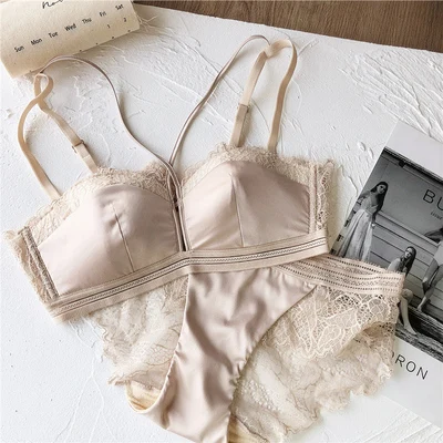 women lace sexy bra set intimates hollow out half cup lingerie thin cotton cup temptation panty briefs silk wire free underwear - Цвет: Бежевый