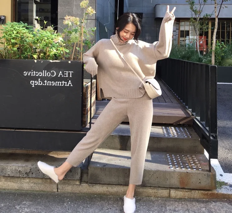Women Loose Lazy Wind Knitting Suit Soild Color Woman Flavor Sleeve Head Sweater Match Leisure Pants Twinset | Женская одежда