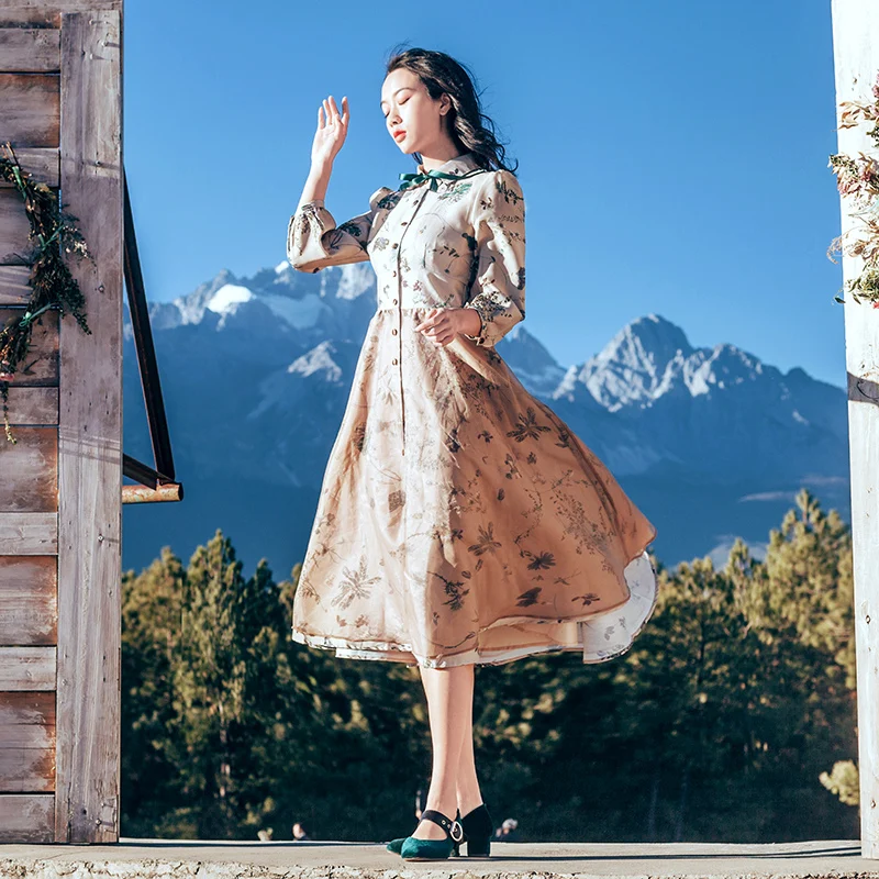 Женское винтажное платье миди в стиле ретро с цветочным принтом рукавами