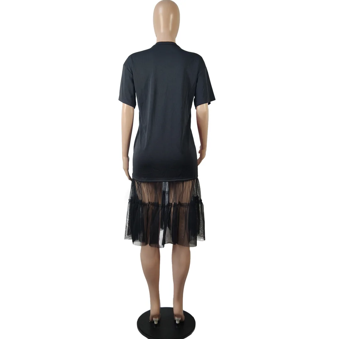 

Women Dress Letter Print Short Sleeve Ruffles Mesh Splicing Tee Dress O-neck Fashion Streetwear Dresses Slim Vestidos