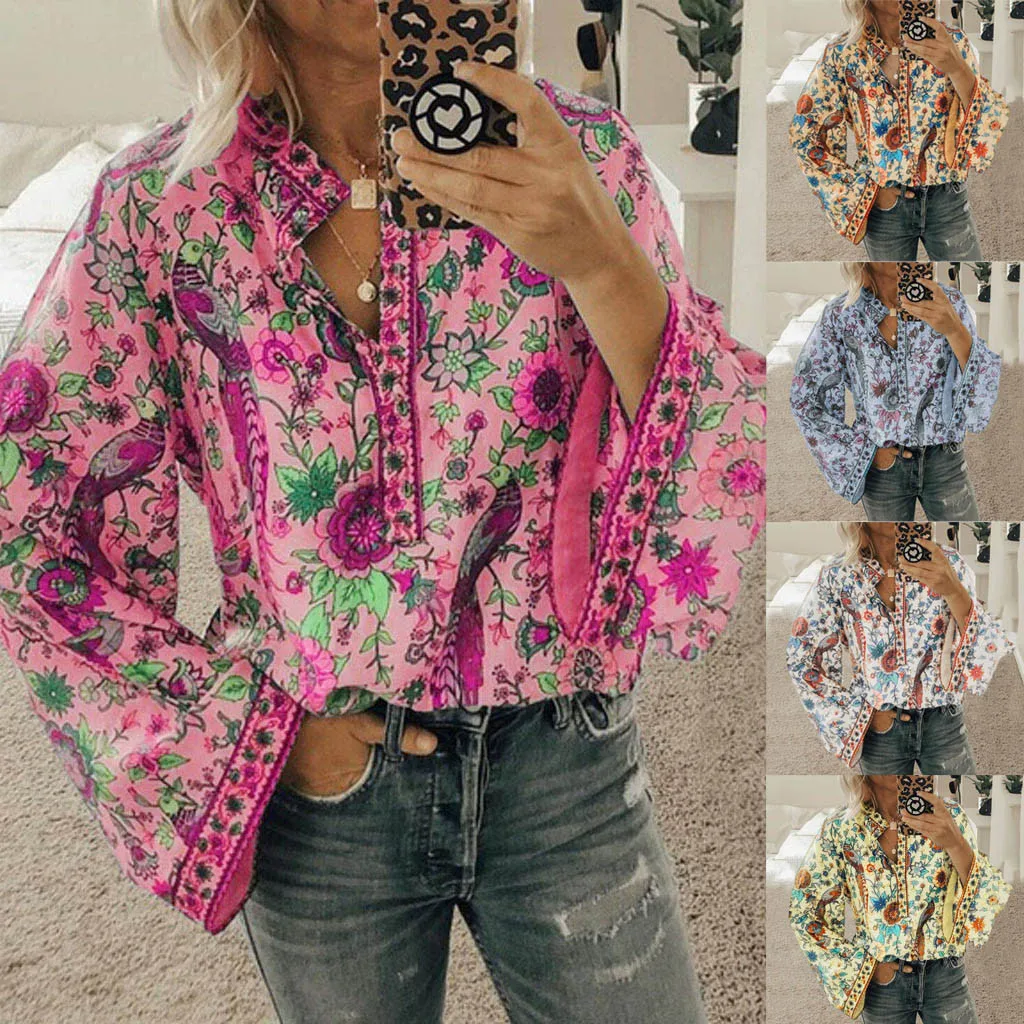 

2021 Women Print Blouses Casual Loose Tops Stand V Neck Long Sleeves Button Plus Size Pullover Female Tee Shirts Blouse