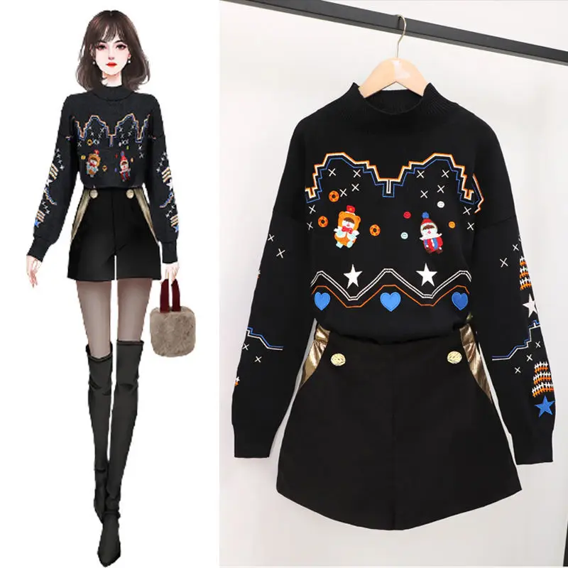 

Plus Size Women's Autumn and Winter New Knitted Sweater Suit Women's Thin All-match Casual Pants Shorts Two-piece Suit