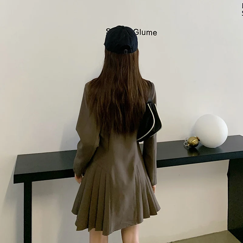 

Suit Black Dress Women Button New Style Korean Thin Waist Hepburn Mini Dresses Solid Notched Pleated