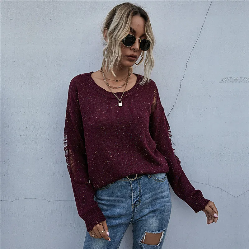

Fashion Color Point Long Sleeve Hollow Knit Jumper Sweater Ladies Casual Autumn Winter Inside Pullovers Tops For Women 2021 New