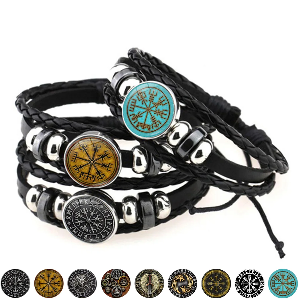 

Vegvisir Viking Compass Leather Bracelet Men Warrior Symbol Rune Amulet Snap Button Vintage Multilayer Weave Bracelet for Women