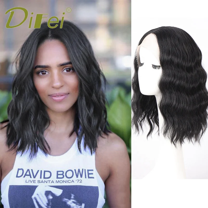 DIFEI 40CM Short Synthetic Hand-Woven Water Ripple Lace Headgear Wig Natural Black Wave Female Heat-resistant Wig