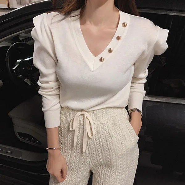 

SuperAen V-neck Button Design Simple Solid Casual Full Knitted Sweater Autumn 2021