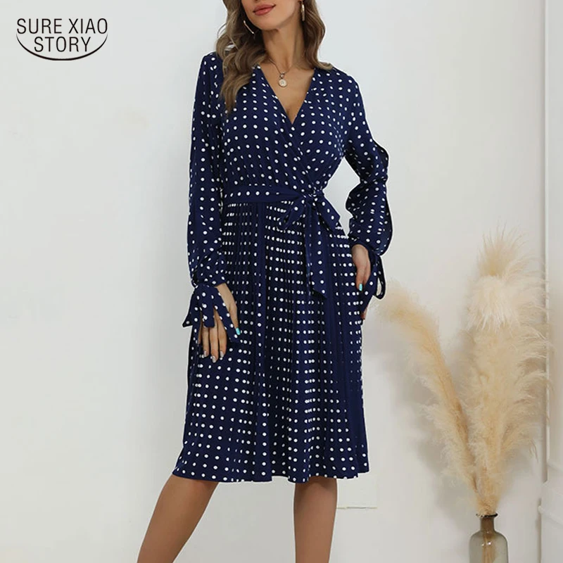 

New V-neck Blue Polka Dot Dress Women Fashion Elegant Knee Length Party Dress Long Sleeve Chiffon Dress Robe Femme 17741