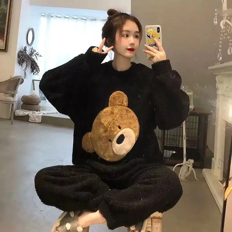

Flannel Warm Pyjamas Winter Coral Fleece Long Sleeve Cartoon Nightie Sleepwear Bear Pajamas 2-piece Set Home Tops Anime Pajamas