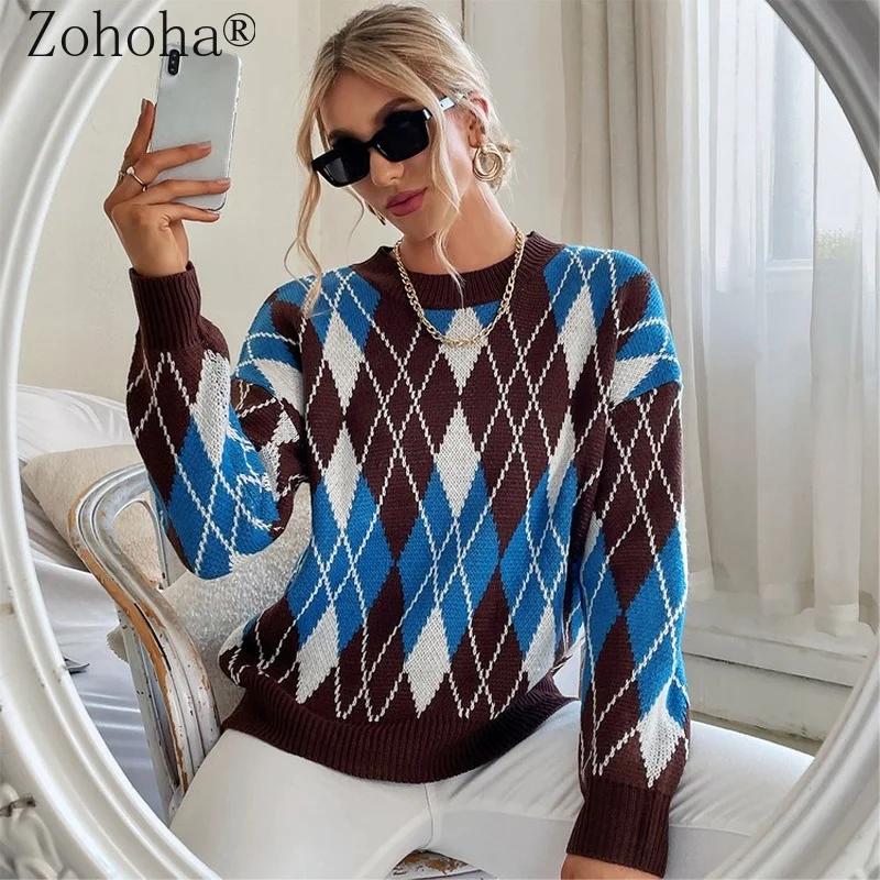 

Женский винтажный свитер Zohoha, Свободный пуловер контрастной расцветки с круглым вырезом, 2021