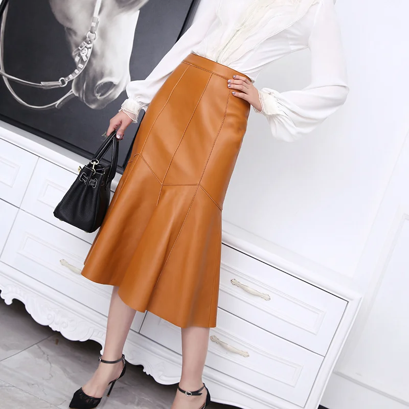 

SHZQ Women' Real Leather Skirt Fishtail Design Skinny Hips High Waist Genuine Sheepskin Mid Skirt Autumn and Winter Femme Skirt