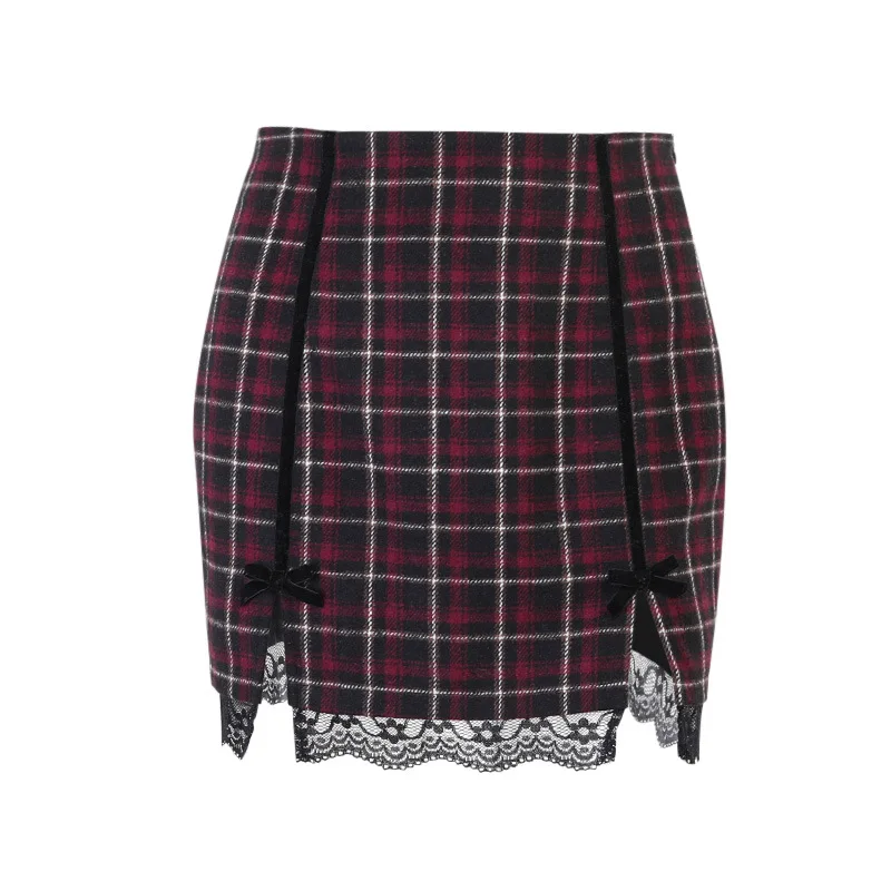 

Plaid Gothic A-Line Lace Trim Mini Skirts Harajuku Mall Goth Women High Waist Bodycon Skirt Sexy Emo Summer Streetwear