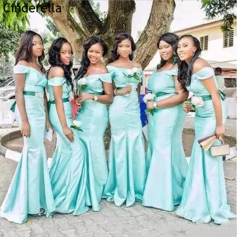 

African Style Baby Blue Crystal Sash Lace Up Back Sweep Train Satin Mermaid Bridesmaid Dresses Wedding Party Bridesmaid Dresses