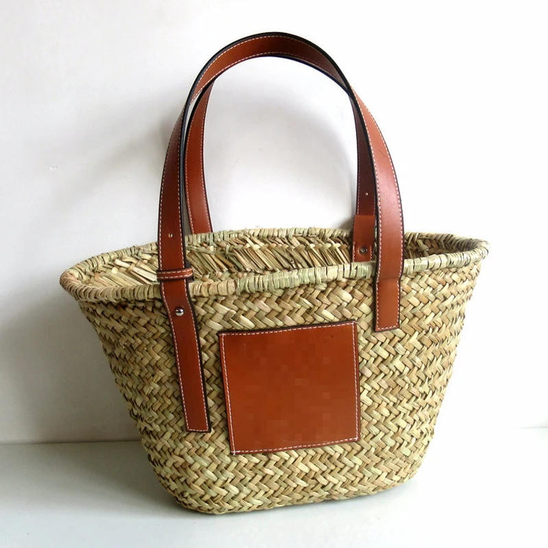 

Leather Splice Straw Female Handbags Large Wicker Woven Lady Hand Bags Summer Straw Tote Beach Bags For Women Handbag Bucket New
