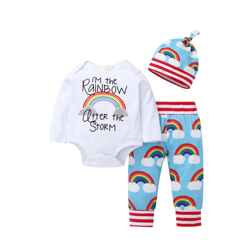 clothes for newborns baby boy clothes baby girl Clothing suit 2021 Spring and Autumn Alphabet Romper Rainbow Suit 3PCS 0-24M