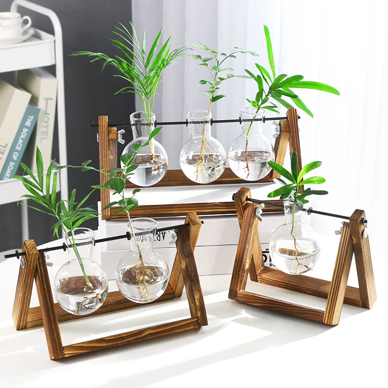 

Creative wooden frame hydroponic green rose glass vase container basin office desktop green plant modern ornaments