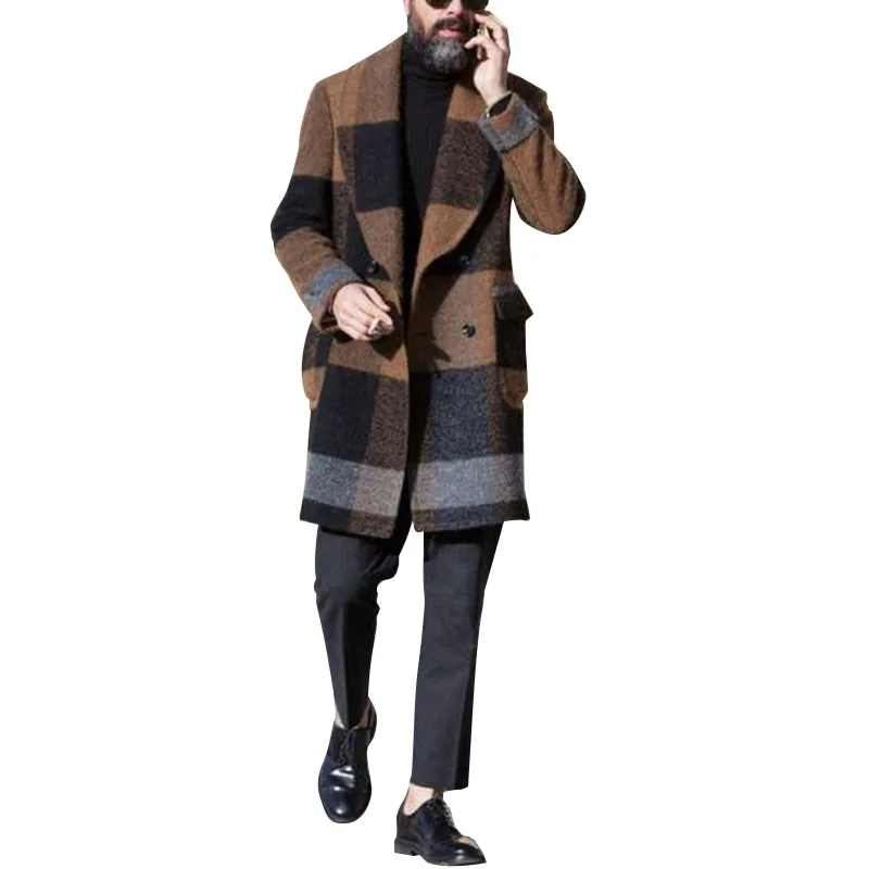 

Шерстяное пальто с принтом, Тренч, ветровка, Мужская однобортная куртка 2021, Мужская облегающая ветровка, длинная верхняя одежда, мужские зим...