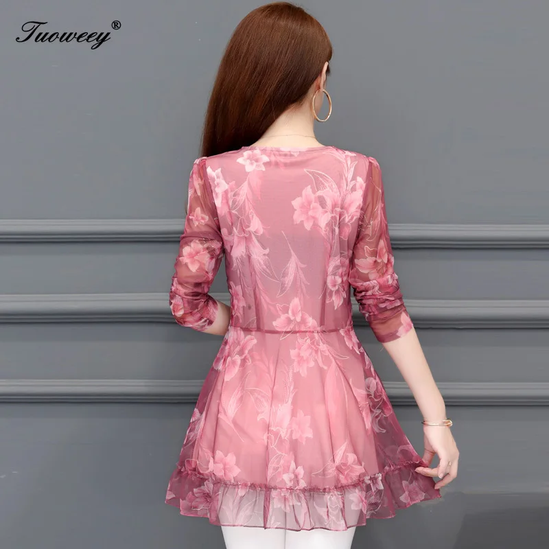 5XL плюс Размер Цветочные женские блузки 2019 мода осень длинный рукав v-образный