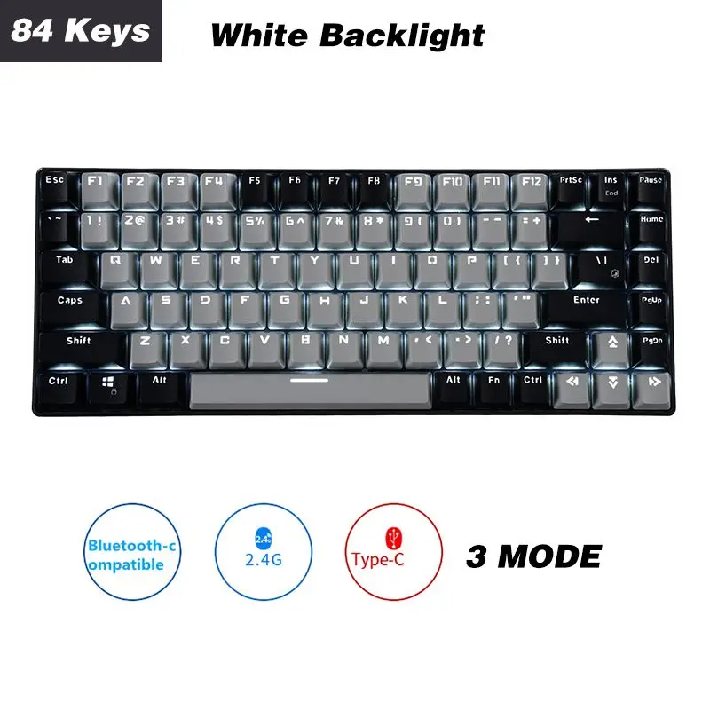 

Игровая механическая клавиатура, 84 клавиши, синий/коричневый переключатель, белая подсветка, Bluetooth, USB Type-C, 2,4 ГГц, три режима для дома