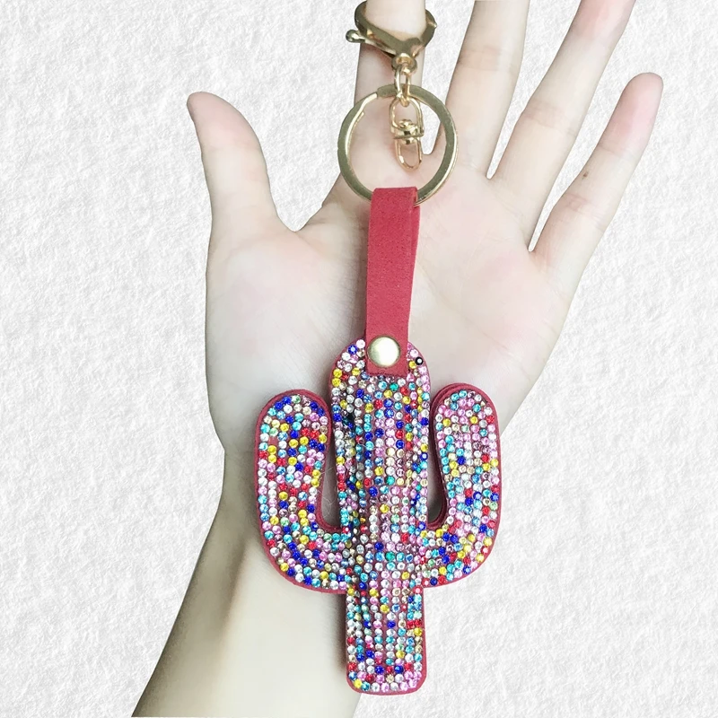Cute Cactus Shiny Keychain Red Color Rhinestone Tassel Key Chain Keychains For Women Car Bag Accessories Pendant Simple Key Ring