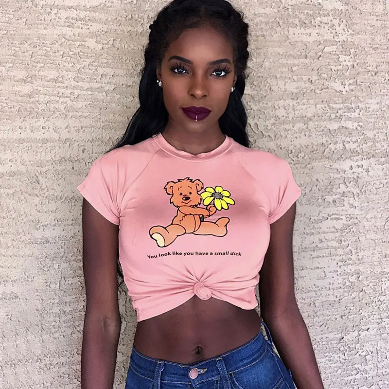 Розовая Женская короткая футболка с рукавом реглан и рисунком круглым вырезом