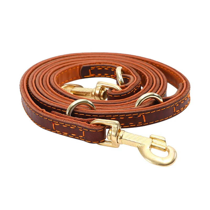 

Double head Large Dog Leash Real Leather P chain Collar Long Short Two big Dog Leashes pet Walking Running Lead Tied dogs rope