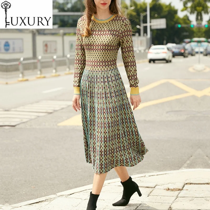 

Knitted High 2020 Quality Spring Women Lurex Knitting Flower Patterns Long Sleeve Mid-Calf Casual Sweater Dress Female