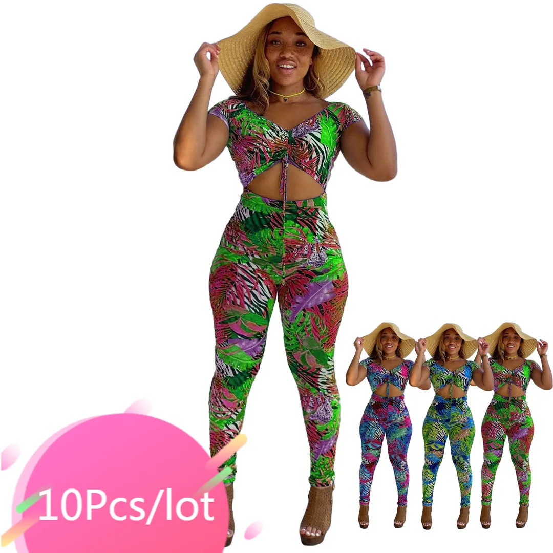 

Bulk Items Wholesale Lots Sexy Summer Beach Jumpsuits Women Clolrful Print Bandage Stretch Rompers Elegant Slim Lady Outifts